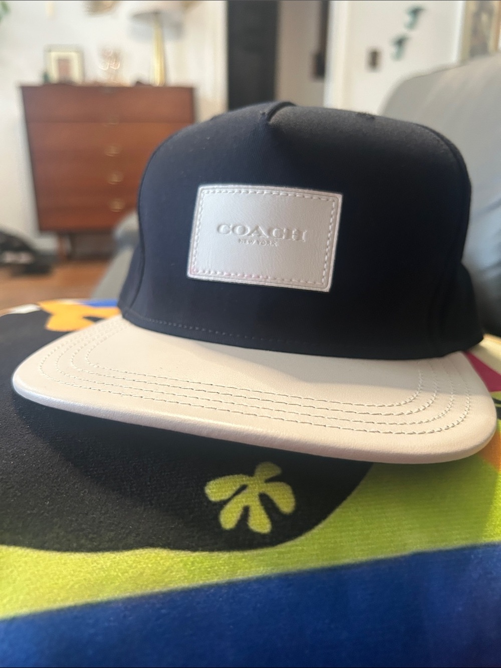 Coach Black Crown with White Leather Brim Cap Adjustable
